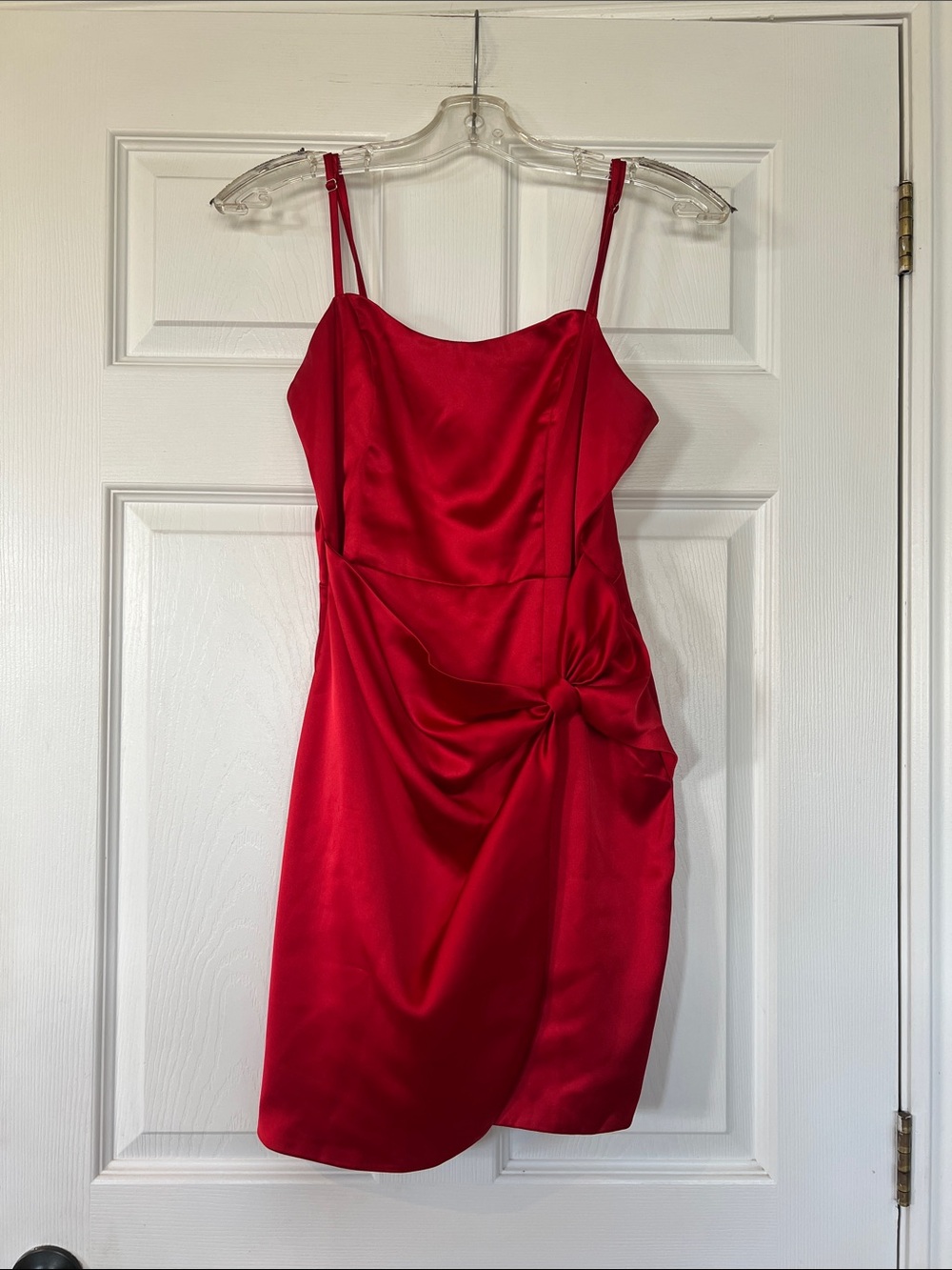 Lulu's Red Satin Knot-Front Spaghetti Strap Mini Dress